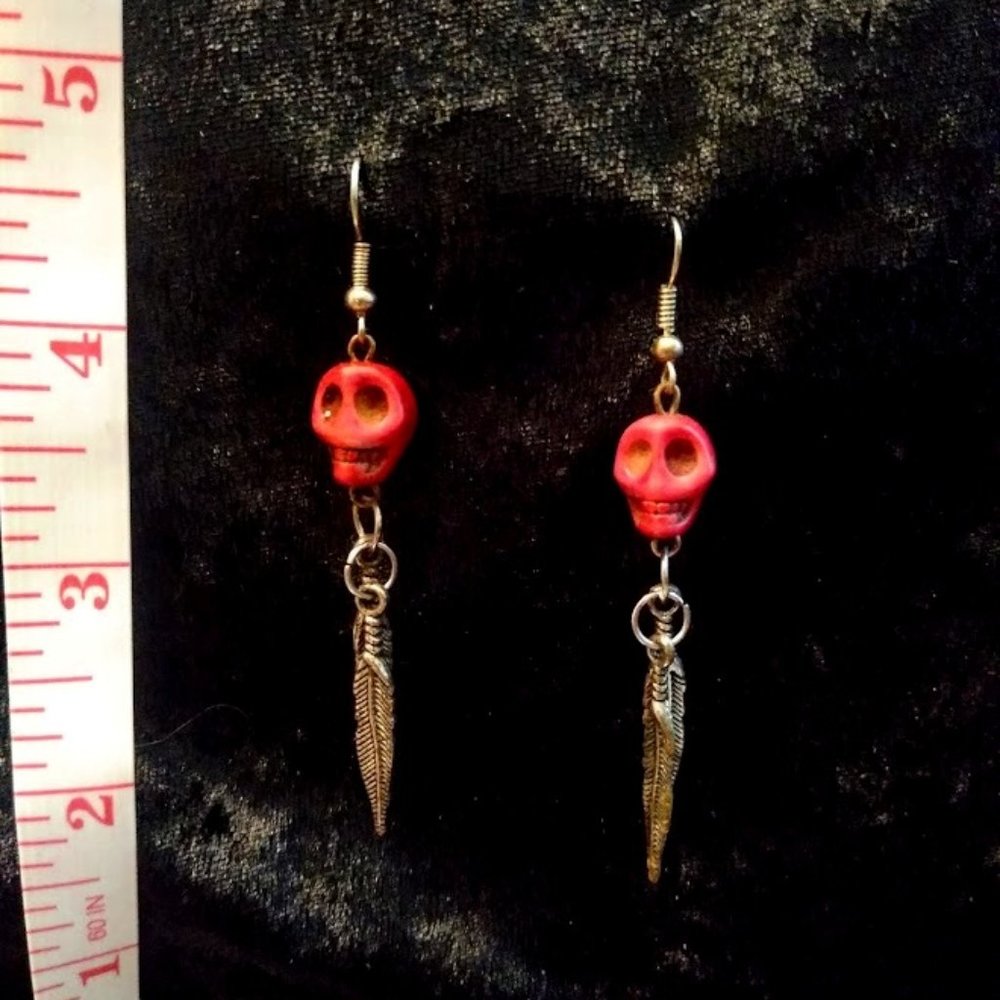 Pink Skull/Pewter Feathers Handmade Earrings
